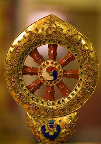 Golden Wheel Of Dharma statue Kalimpong Karmapa monastery West Bengal India